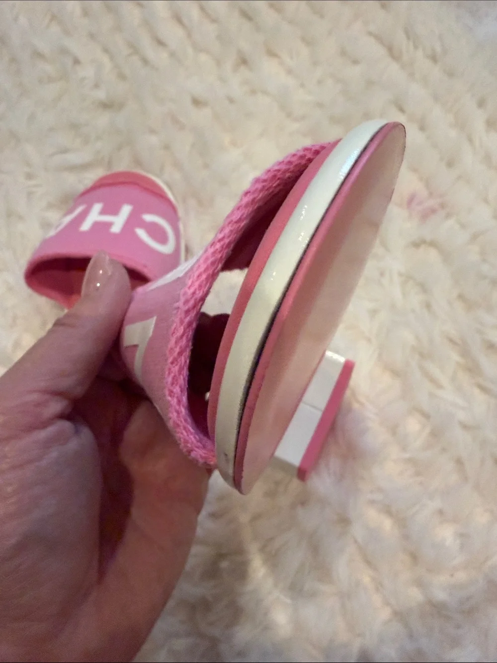 CHANEL Pink Logo Slide Sandals…